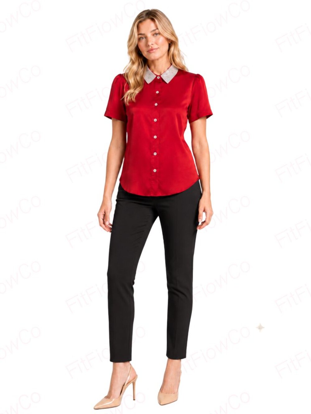 Karl Lagerfeld Paris Red Rhinestone Collar Short Sleeve Top XS NWT